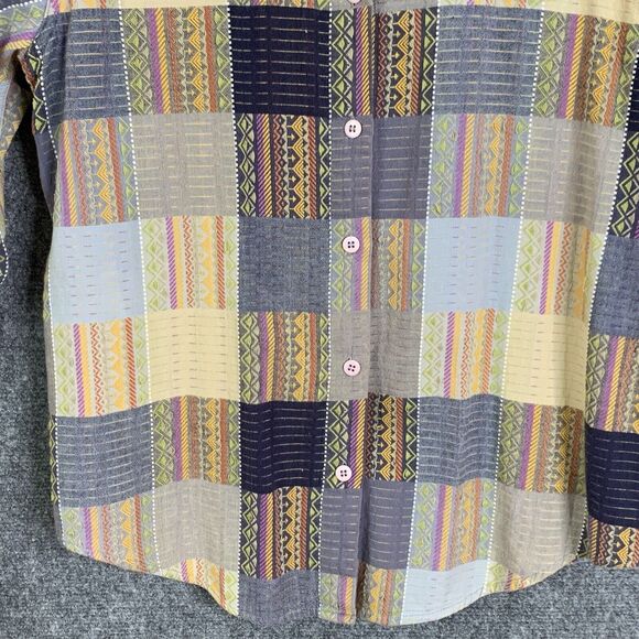 Lemon Grass Button Front Shirt Women S Patchwork Pattern Long Sleeve Cotton - Picture 5 of 12